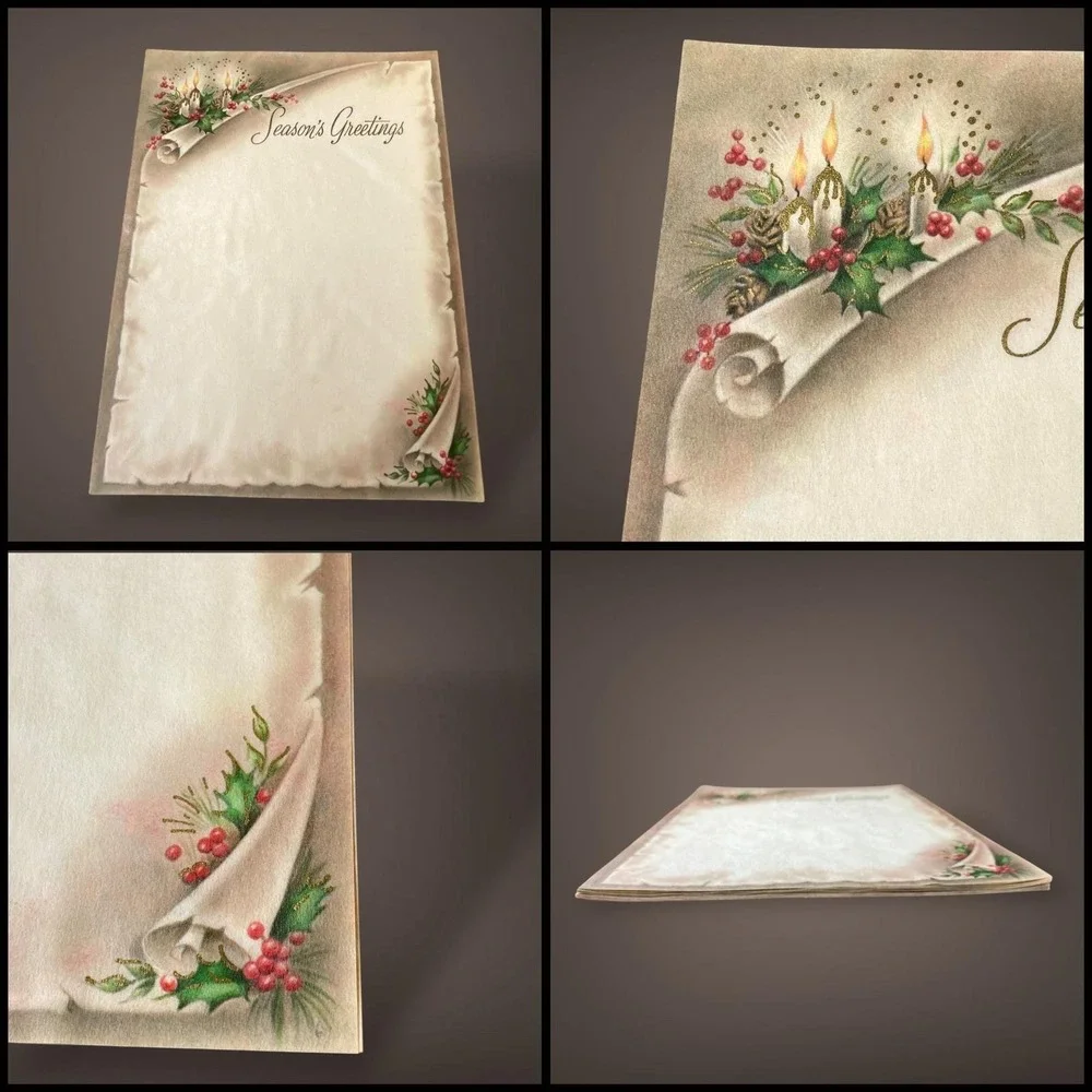 Season's Greetings Christmas Stationery‎ Set OPEN Box 1950s 60s Holly Candle Art